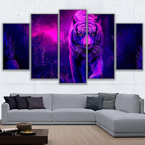 Include frame Modular Canvas Paintings Home Decor HD Prints Abstract Animal Pictures 5 Pieces Mystic Tiger Poster Living Room Wall Art Frame,Size 3