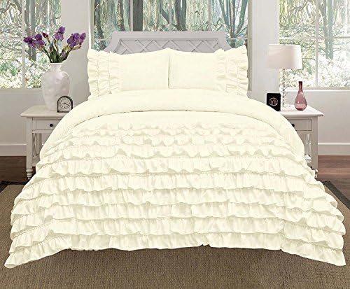 3-piece Pleated Ruffle Waterfall Duvet Set (Eastern King, Ivory)