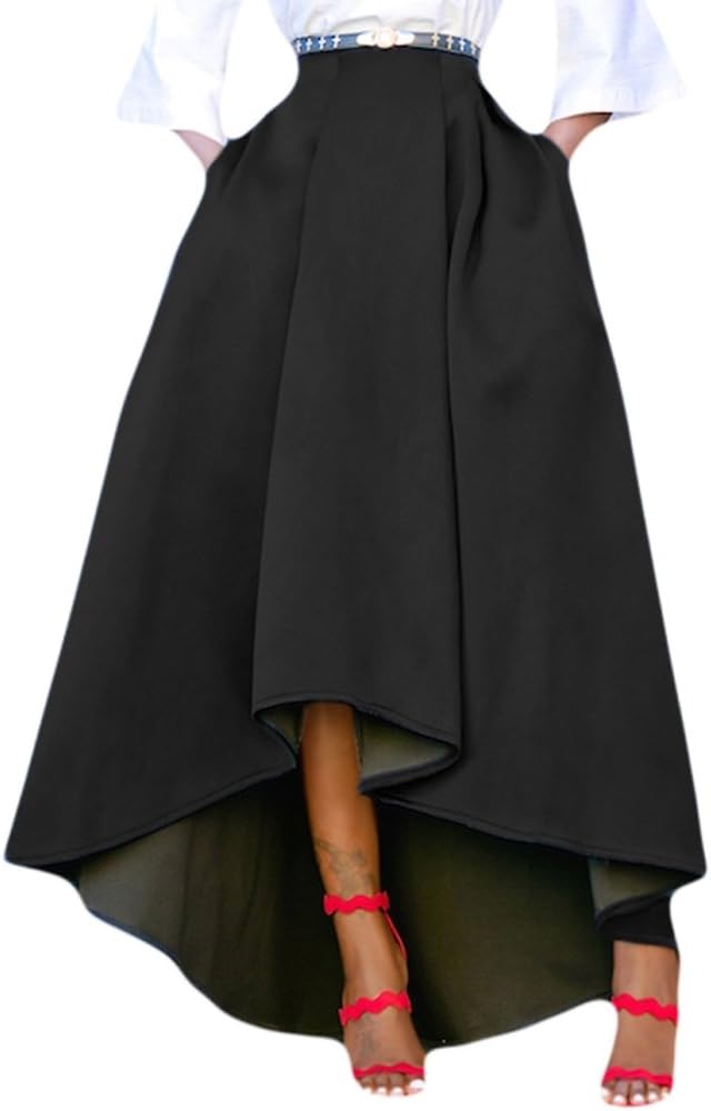 shelovesclothing Women's High Waisted Asymmetric High-Low Hem Maxi Flared Prom Skirt
