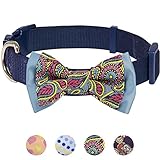 Blueberry Pet Paisley Print Handmade Detachable Bow Tie Dog Collar in Navy Blue, Medium, Neck 14.5
