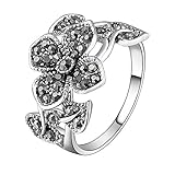 Mytys 18k White Gold Plated Grey Flower and Leaf Marcasite Crystal Rings