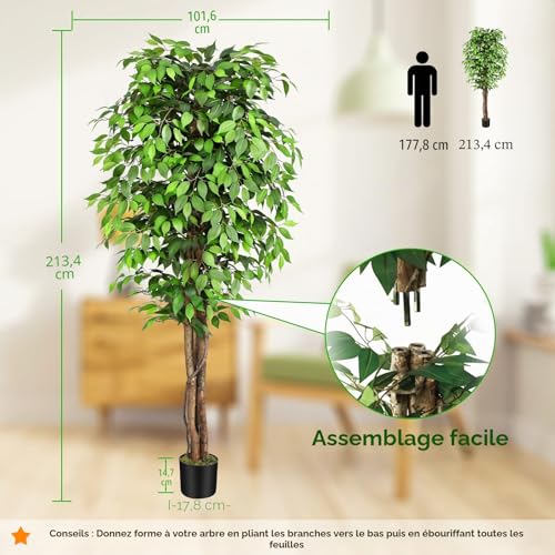 Keeplush Artificial Ficus Plants 210 cm High with Natural Wood Trunk, Artificial Tree with 1760 Leaves, Artificial Indoor for Living Room, Bedroom Decoration
