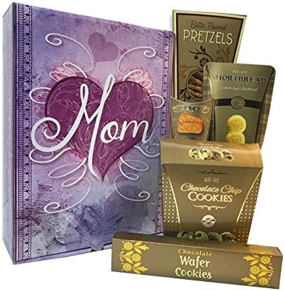 Mom Love Golden Gourmet Healthy Snacks Gift Basket with Piroucrisp Caramelised Coffee and Tea Biscuits, Sonia's Favorite Chocolate Chip Cookies, Chocolate Wafer Cookies, Pretzels & Shortbread