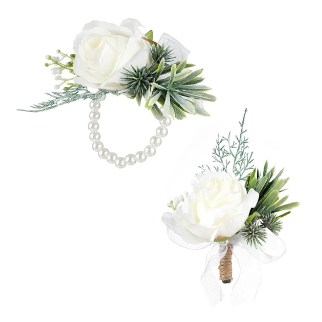 JAMAKALA White Wedding Corsage and Wrist Flower Set, Buttonhole Corsage Set, Artificial Bracelet Button Holes Rose Flower Bracelet for Prom