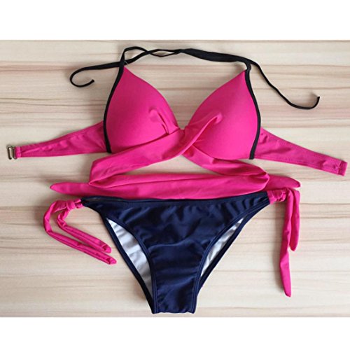 Challyhope Bikini Set, Women Sexy Cross Bandage Thong Triangle Top Swimsuit Bathing Suit 2 Piece (M, Hot Pink)