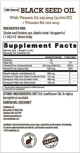 GURUNANDA BLACK SEED OIL, COLD-PRESSED NIGELLA SATIVA – RICH IN VITAMIN D3 5000 UNITS, K2 & E, HIGH THYMOQUINONE | POTENT ANTIOXIDANT FOR IMMUNE SUPPORT, NON-GMO, 2 FL.OZ