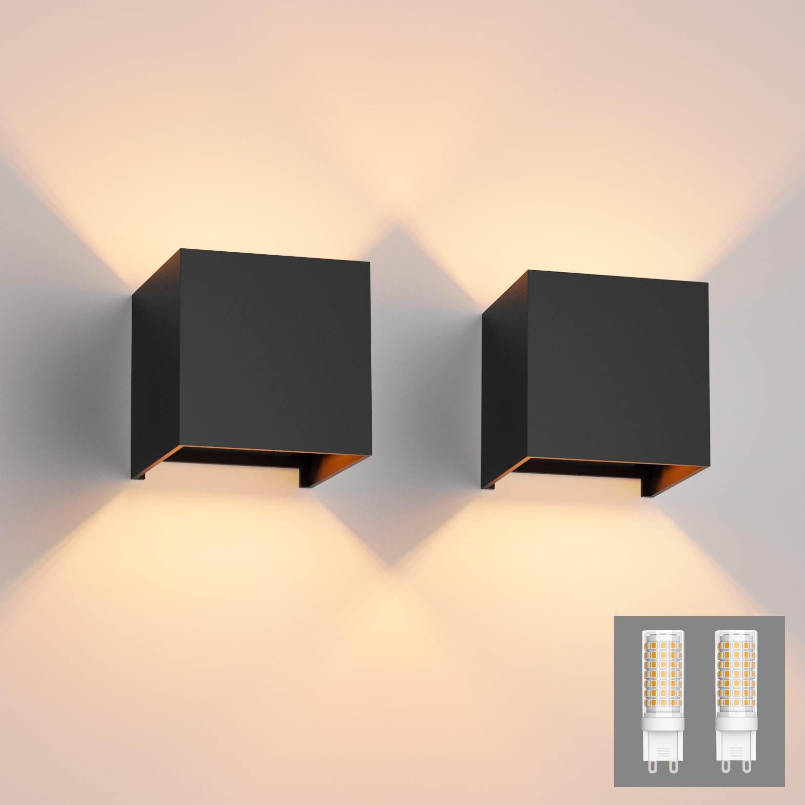 Klighten 2PCS Modern LED Wall Lights Up and Down Wall Lamp Indoor/Outdoor Wall Sconce Lights for Living Room, Bedroom, Hallway, Warm White 3000K, Black (G9 LED Bulb Include)