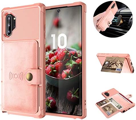 Tznzxm Galaxy Note 10 Plus Wireless Charging Case Credit Card Kickstand Rubber Buttons [Work with Magnetic Car Mount] Durable Flip Shockproof Protective Cover for Samsung Galaxy Note 10 Plus Pink