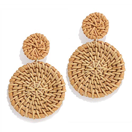 XOCARTIGE Woven Rattan Earrings Handmade Wicker Earrings Straw Knit Hoop Earrings Lightweight Raffia Braid Drop Dangle Earring for Women Girls (Double Disc)