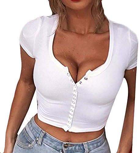 Women's Short Sleeve Blouse V-Neck Ladies Button Shirts Casual Tops for Women Girls Summer Crop Tops Club Blouses