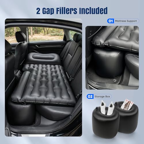 Inflatable Car Mattress, Camping SUV Mattress for Boot and Rear Bench, 12V Pump Included + 2 Pillows, 2 Fillers, Soft Waterproof Flocked Surface, Suitable for Car RV MPV Van