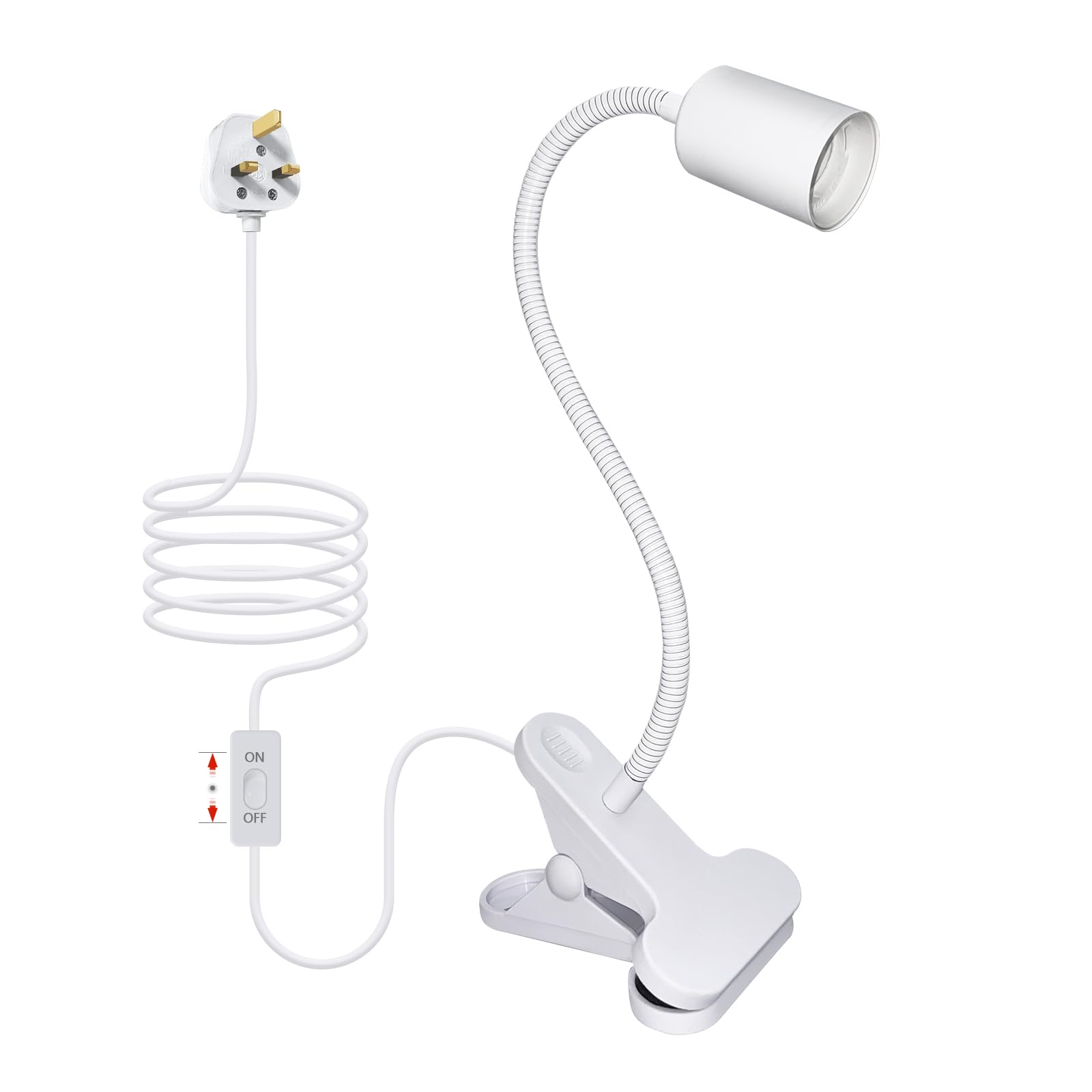 LQUNFYL Clip on Light Bulb Holder with 240CM Cable, 35CM Long Adjustable Gooseneck, E27 Lamp Holder with Switch, Clip on Lamp for Bed, Flexible Clamp Lamp, Clip Light for Desk Reading, White