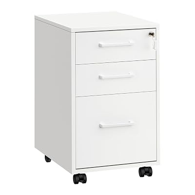 SONGMICS File Cabinet, Pre-Assembled Except Wheels and Handles, Office Filing Cabinet with Lock, for A4, Legal, Letter Sized Documents, 17.7 x 14.4 x 23.6 Inches, Matte White UOFC110W02