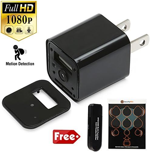 SecurityMax 1080P HD Wall Charger Hidden Spy Camera / Multi-Functional Wall Adapter (Motion Detection) with Free Webcam Stickers and OTG Card Reader