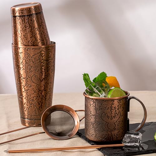 SKY FISH Boston Cocktail Shaker, 18 Piece Cocktail Kit with 3D Embossed Design, Professional Bartender Set for Cocktails Lovers, Hand Wash, Antique Copper