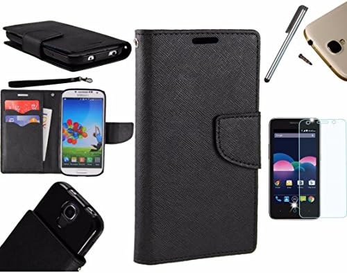 [WORLD ACC®] For LG Optimus Zone 3 / LG K4 Case VS425 PU Leather Flip Phone Cover Folio Book Style Pouch Card Slot Wallet+LCD Screen Protector+Stylus (Black/Black)