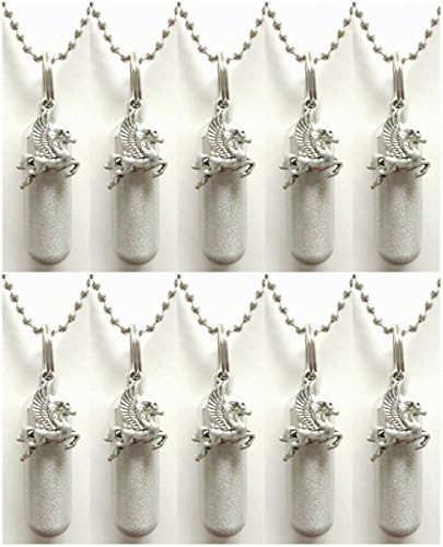 Beautiful Family Set of TEN Brushed Silver WINGED HORSE CREMATION URN Necklaces - Made in the USA - Includes Velvet Pouches, Ball-Chains, Fill Kit