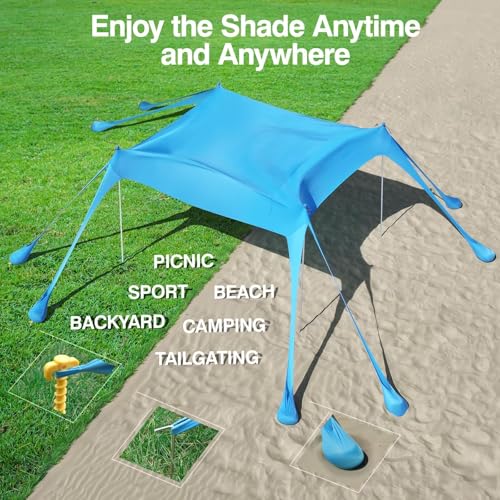 Dsocool Beach Tent Shade Canopy Portable Anti-Wind UPF50+ Protection, 8 Sandbags, 4 Stability Aluminum Poles, Foldable Outdoor Sun Tent for Sand, Camping, Fishing Essentials