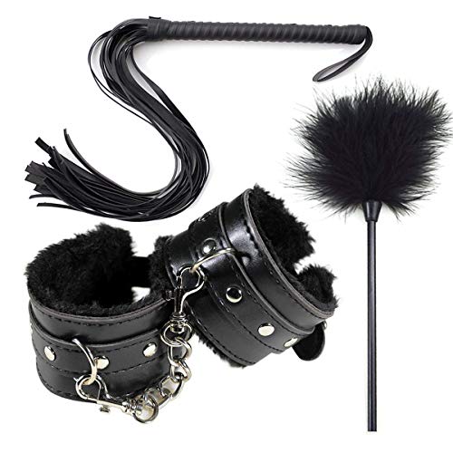 3 Pack Leather Handcuffs Set Adjustable Handcuffs with Leather Whip with Feather Black