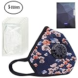 PM2.5 Anti Pollution Mask Military Grade N99 Washable Dust Respirator Cotton Anti-dust Mouth Masks with Replaceable Filters for Men and Women (1 Mask + 5 Filters) (Blue flower)
