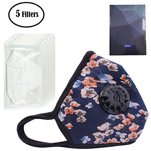 PM2.5 Anti Pollution Mask Military Grade N99 Washable Dust Respirator Cotton Anti-dust Mouth Masks with Replaceable Filters for Men and Women (1 Mask + 5 Filters) (Blue flower)