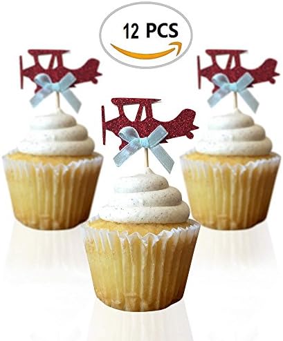Airplane Cupcake Toppers - Double Sided for 1st Birthday Party, Boy Baby Shower, Great Cake Decorations, Picnic Theme Wedding and More, 12CT Topper