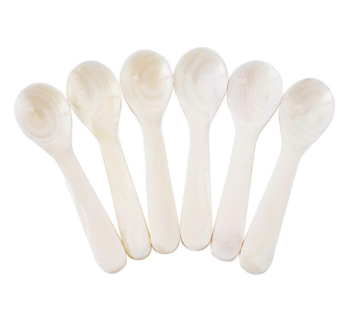 DUEBEL Set of 6 White Mother of Pearl MOP Caviar Spoons for Caviar, Egg, Icecream, Coffee Serving (White, 11x2.5cm)