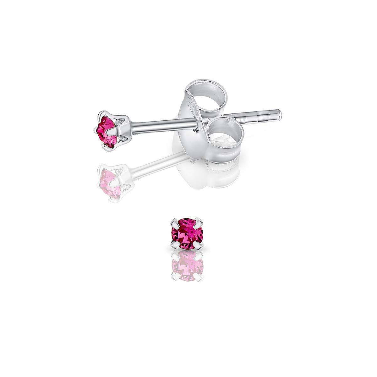925 Sterling Silver Round Tiny Stud Earrings made with Glittering Crystals - Small Silver Studs Earrings for Woman - Diameter: 2 mm - Colour : Rose