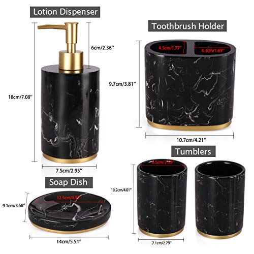 Bathroom Accessories Set, 5 Piece Decorative Marble Collection Bath Accessory Set, Includes Toothbrush Holder, Liquid Soap Dispenser, Soap Dish, 2 Tumblers, Ink Black