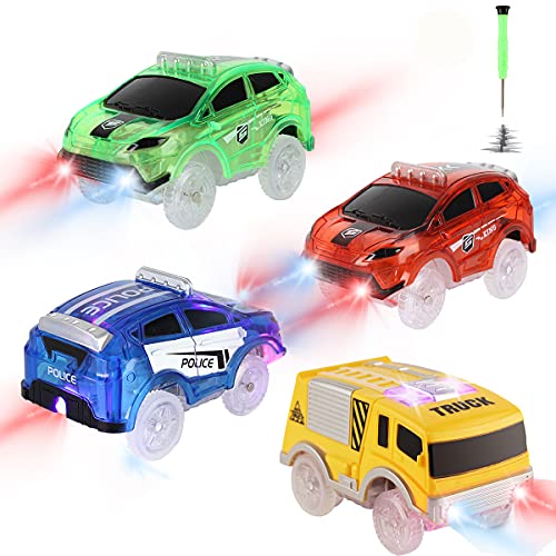 Car Tracks Replacement, Glow in The Dark Toy Cars With 5 Flashing LED Lights, Racing Accessories Compatible With Most Tracks for Kids Boys and Girls (4 Pack)