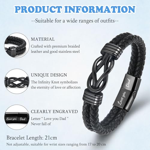 Gifts for Dad Grandad Husband Son Grandson, Infinity Knot Leather Bracelet for Brother Uncle Boyfriend Nephew, Christmas Birthday Fathers Day Valentines Gifts for Him, Stocking Fillers for Men Boys