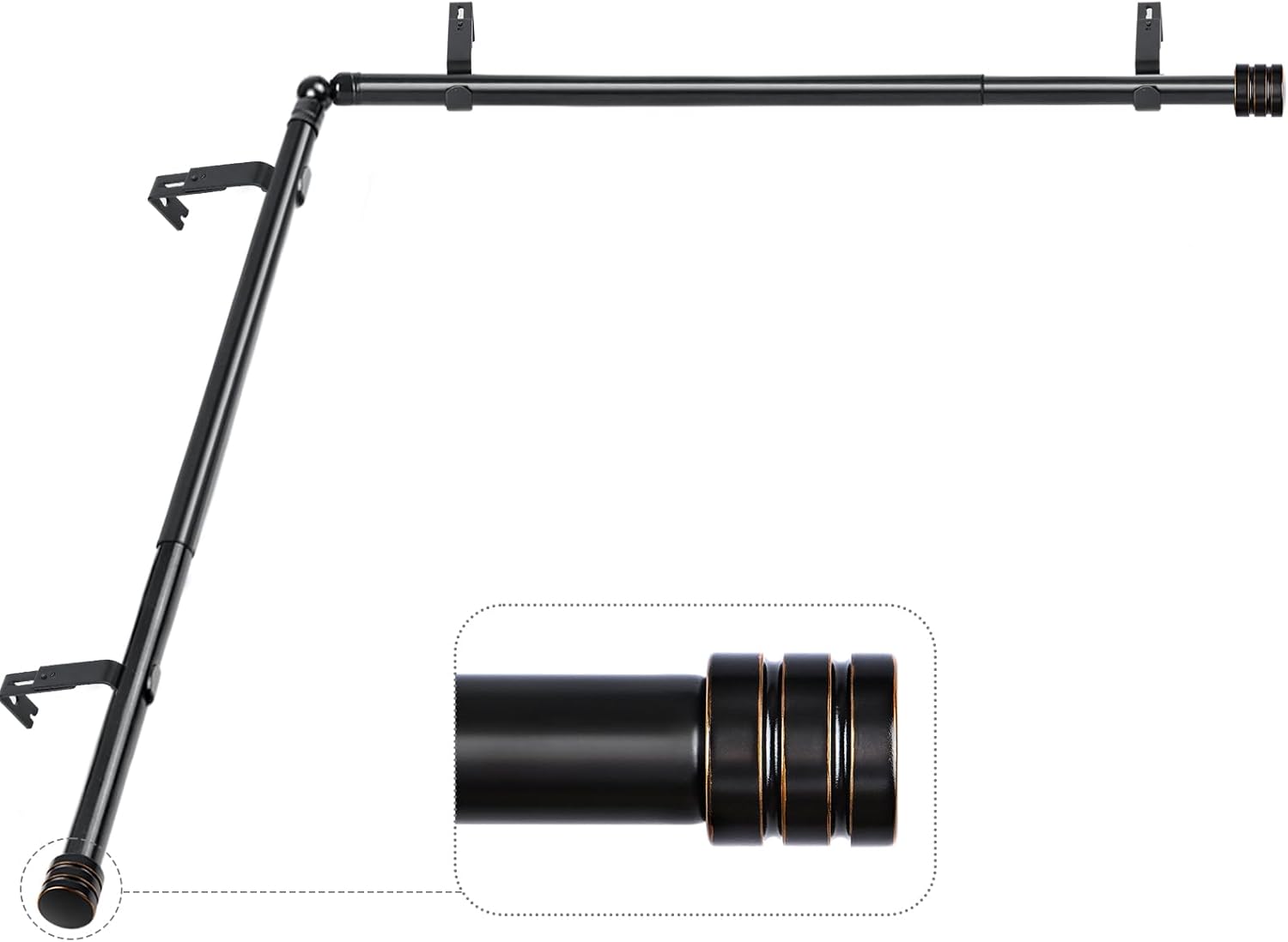 Window Treatment Hardware - HOTOZON 1 Inch Corner Window Curtain Rods Set, 36-72 Inch Telescoping Single Drapery Rod, Black, End Cap Finials