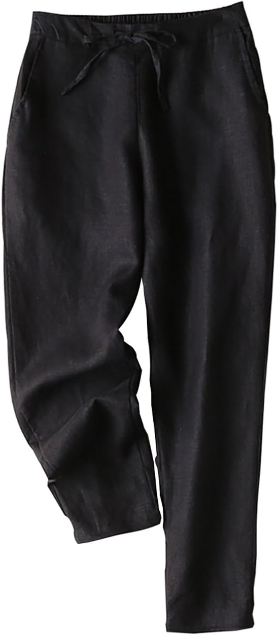 Yimoon Women's Casual Elastic Waist Drawstring Tapered Linen Pants Trousers