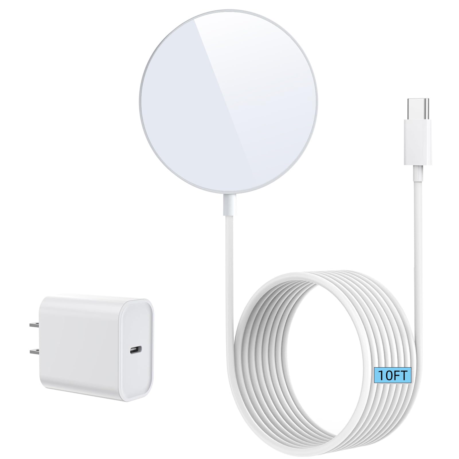 Photo 1 of 10FT Magnetic Wireless Charger Magnets Charging Pad with 20W USB C Wall Charger Block, for iPhone 17 16 15 14 13 12 Air Pro Max Plus mini/AirPods 2 3 Pro, Slim Portable Magnet Quick Charger-White