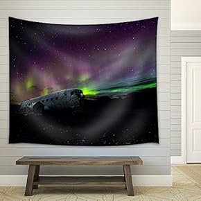 Wreckage of The Air Craft Under Aurora - Fabric Wall Tapestry Home Decor - 51x60 inches