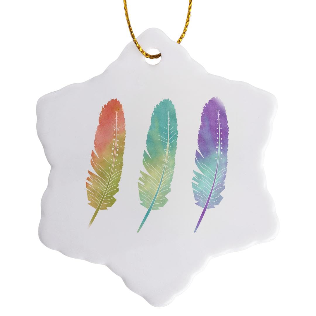 3dRose Bohemian Three Feather Art Watercolour Rainbow Snowflake Ornament, Multi-Colour, 3-Inch