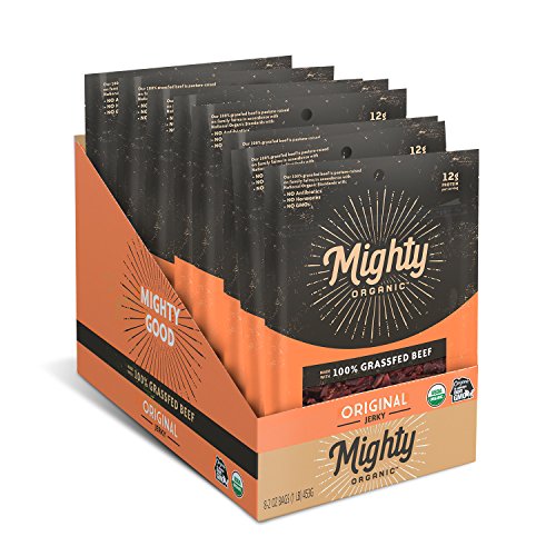Mighty Organic 100% Grass Fed Beef Jerky, Gluten Free Snack, Original, 2 oz (Pack of 8)