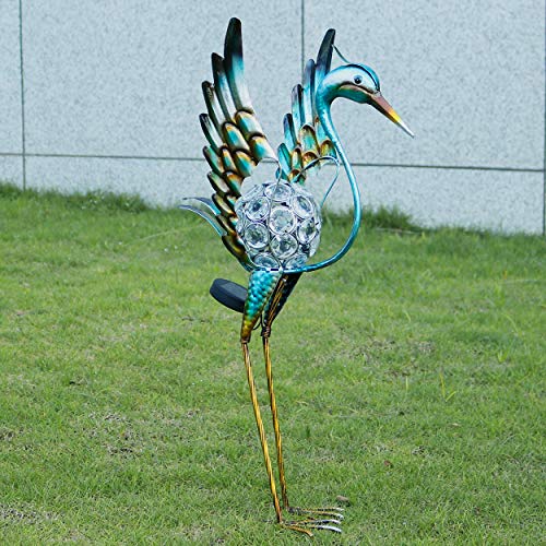 Kircust Garden Crane Standing Yard Art Ornaments Statue, Outdoor Metal&Glass Heron Bird Sculpture Waterproof Solar Powered LED Lights for Backyard Lawn Patio Walkway and Home Decor, Blue&Gold, 26-Inch