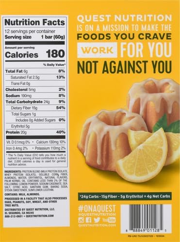 QUEST NUTRITION LEMON CAKE PROTEIN BARS, HIGH PROTEIN, LOW CARB, GLUTEN FREE, KETO FRIENDLY, 12 COUNT (PACK OF 1)