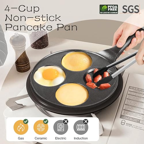 Pancake Pan with 4 Cups, 10.5 Inch Nonstick Mini Pancake Maker Griddle, PFOA-Free Coating for Easy Cooking and Cleaning, Black