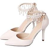 Pointed Toe Pumps High Heel Ankle Strap Dress Shoes Wedding Party Pump with Pearl 3.54”