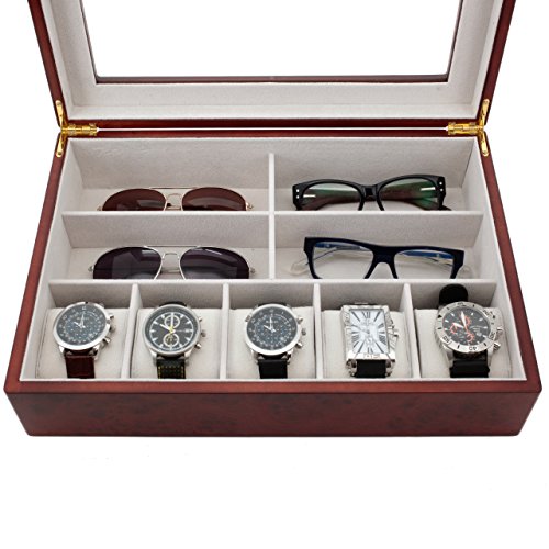 Valet Wood Glasses Pens Jewelry Watches 5 Extra Large Compartments (Burlwood)
