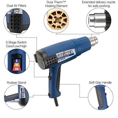 Steinel HL 1810 S General-Purpose Heat Gun, Three Stage Professional 120 V Hot Heat Tool with Duratherm Heating Element, 1400 W Hot Heat Blower with cool air stage, Non-slip soft stand and Industrial grade rubber power cord, 34820