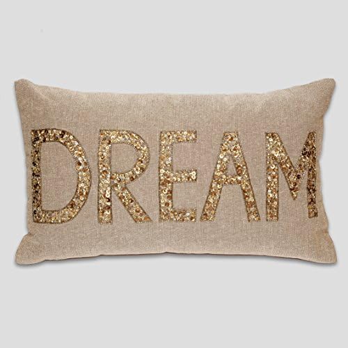 Dream a Dream with Our Cotton Embellished 'Dream' Throw Pillow - Accent Throw Pillow - Sofa Pillow - In the Colors of Beige and Gold - Polyester Insert Included with a Hidden Zip Closure