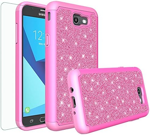 Galaxy J7v Case, Galaxy Halo Case, Galaxy J7 Perx Case, Galaxy J7 Prime, Galaxy J7 Sky Pro Case Glitter Bling Heavy Duty Shock Proof Hybrid Case with [HD Screen Protector] Protector - Hot Pink
