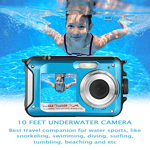 Waterproof Digital Camera Full HD 1080P Underwater Camera 24MP Video Recorder Camcorder Point and Shoot Camera Selfie Dual Screen Waterproof Camera for Snorkeling with Charger