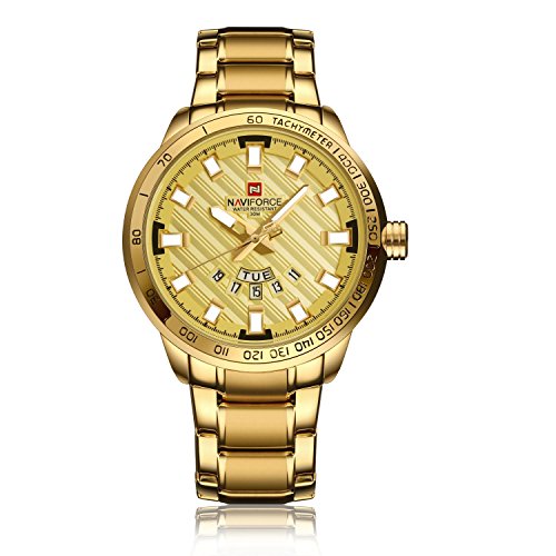 Mens Gold Plated Analog Quartz Waterproof Stainless Steel Wrist Watch with Classic Design Calendar (Gold)