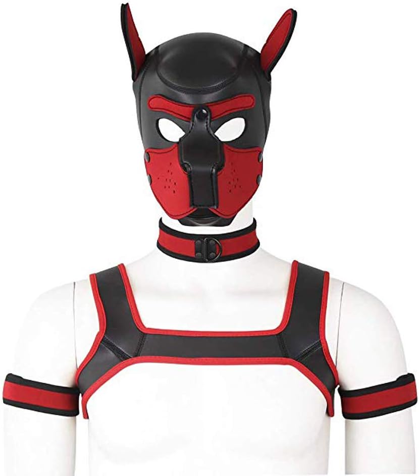 Minvy 4 Set 2 Size Neoprene Puppy Hood Custom Animal Head Mask Novelty Costume Dog Hood Mask,Collar,Armband And Harness (Red, L)