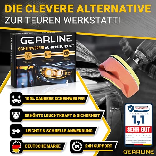 GEARLINE Headlight Treatment Set [24 Pieces] - Polishing Set for Matte and Blind Headlights - Includes UV Protection, Polishing Paste, Adapter and 14 Sanding Discs - Car Polishing Set for Preparation