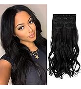 Natural Black Curly Hair Extensions Clip Ins For Women 4 Pieces, Full Head Long Curly wavy Clip I...